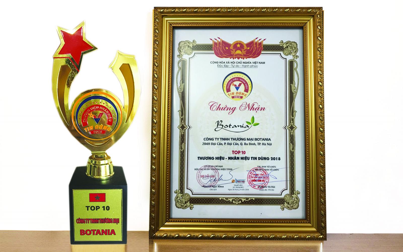 Công ty Botania vinh dự được nhận giải thưởng TOP 10 - Thương hiệu, nhãn hiệu tin dùng
