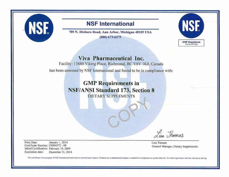 Giấy chứng nhận GMP của NSF International (Trung tâm hợp tác về an toàn thực phẩm và nước uống của tổ chức y tế thế giới WHO).