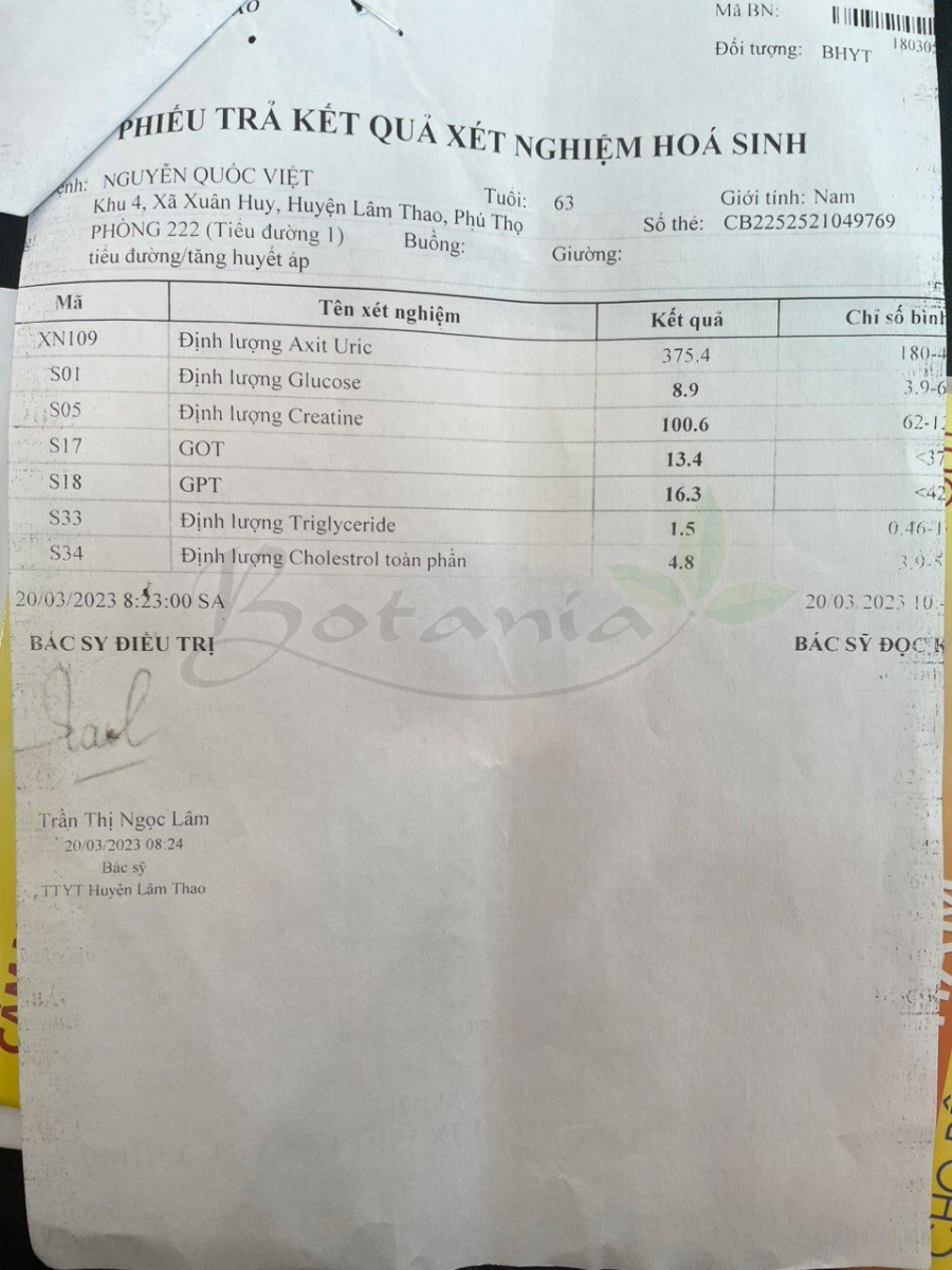 Kết quả xét nghiệm máu của chú Việt ngày 20/03/2023, acid uric chỉ còn 375.4µmol/l