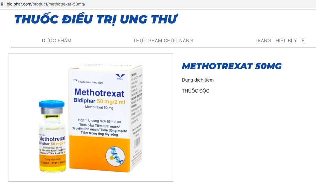 Thuốc Methotrexat Bidiphar 50mg/2ml được giới thiệu trên trang bidiphar.com