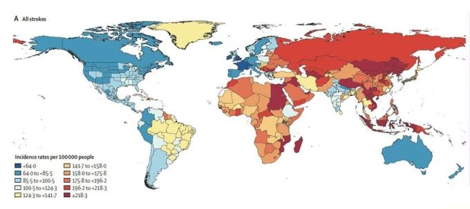 Bản đồ tỷ lệ đột quỵ ước tính trên 100.000 dân của các quốc gia trên thế giới, Việt Nam nằm trong số những nước có màu đỏ đậm nhất.